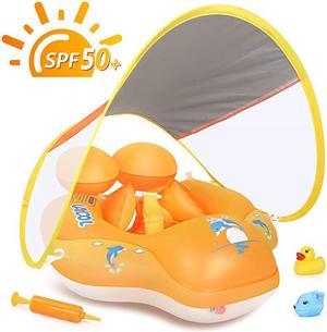 Baby Swimming Pool Float with Removable UPF 50+ UV Sun Protection CanopyToddler Inflatable Pool Float for Age of 336 MonthsSwimming Trainer Yellow S