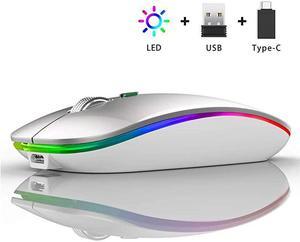 LED Wireless Mouse  G12 Slim Rechargeable Wireless Silent Mouse 24G Portable USB Optical Wireless Computer Mice with USB Receiver and Type C Adapter Silver