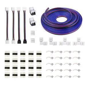 4Pin RGB LED Strip Connector Kit include 164FT RGB Extension Cable 2x T L Shape Connectors 4x Strip Jumper 2x Gapless Connector 20x LED Strip Clip 20x Male Connector 2x Quick Connector