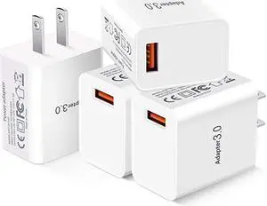 USB Wall Charger Fast Charger Adapter  18W 4Pack QC 30 Wall Charger Block Fast Charging USB Plug Compatible Wireless Charger Samsung Galaxy S9 S8Note 8 9 iPhone iPad LG HTC White