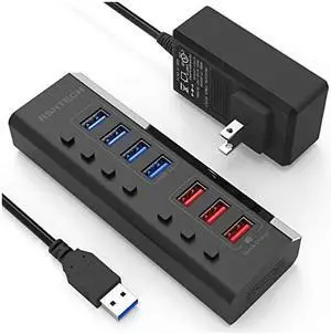 Powered USB Hub 7 Ports USB 30 Hub with 4 High Speed Data Transfer Ports + 3 Fast Charging Ports36W 12V3A Power Adapter Individual OnOff SwitchesA37Black