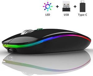 LED Wireless Mouse  G12 Slim Rechargeable Wireless Silent Mouse 24G Portable USB Optical Wireless Computer Mice with USB Receiver and Type C Adapter Black