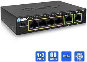 6 Port PoE+ Switch 4 PoE+ Ports with 2 Ethernet Uplink and Extend Function 60W 8023at + 1 High Power PoE Port