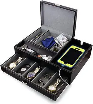 Admiral Dresser Valet Box amp Mens Jewelry Box Organizer with Large Smartphone Charging Station Grey