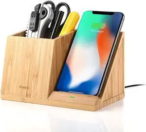 Bamboo Wireless Charger with Organizer Wood Wireless Charging Station for iPhone 11 X 8 Plus and Samsung S7 Edge S8 Plus S9 Plus Note 8
