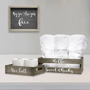 Elegant Designs Three Piece Decorative Wood Bathroom Set, Small, Cheeky  (1 Towel Holder, 1 Frame, 1 Toilet Paper Holder)