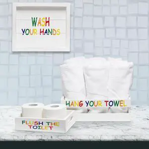 Elegant Designs Three Piece Decorative Wood Bathroom Set, Small, Kids  (1 Towel Holder, 1 Frame, 1 Toilet Paper Holder)