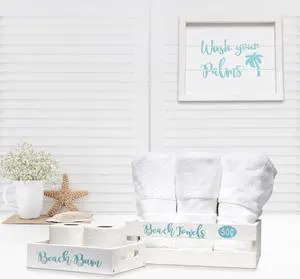 Elegant Designs Three Piece Decorative Wood Bathroom Set, Small, Coastal/Beach  (1 Towel Holder, 1 Frame, 1 Toilet Paper Holder)