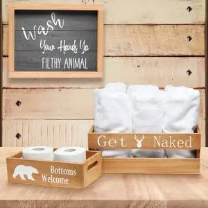 Elegant Designs Three Piece Decorative Wood Bathroom Set, Large, Cabin/Lodge/Rustic  (1 Towel Holder, 1 Frame, 1 Toilet Paper Holder)