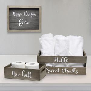 Elegant Designs Three Piece Decorative Wood Bathroom Set, Large, Cheeky  (1 Towel Holder, 1 Frame, 1 Toilet Paper Holder)