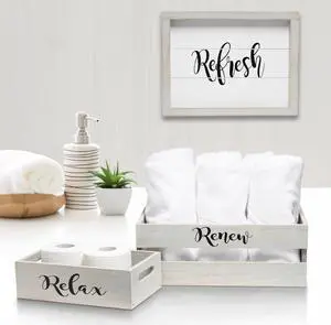 Elegant Designs Three Piece Decorative Wood Bathroom Set, Large, Inspirational  (1 Towel Holder, 1 Frame, 1 Toilet Paper Holder)