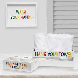 Elegant Designs Three Piece Decorative Wood Bathroom Set, Large, Kids  (1 Towel Holder, 1 Frame, 1 Toilet Paper Holder)