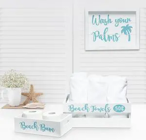 Elegant Designs Three Piece Decorative Wood Bathroom Set, Large, Coastal/Beach  (1 Towel Holder, 1 Frame, 1 Toilet Paper Holder)