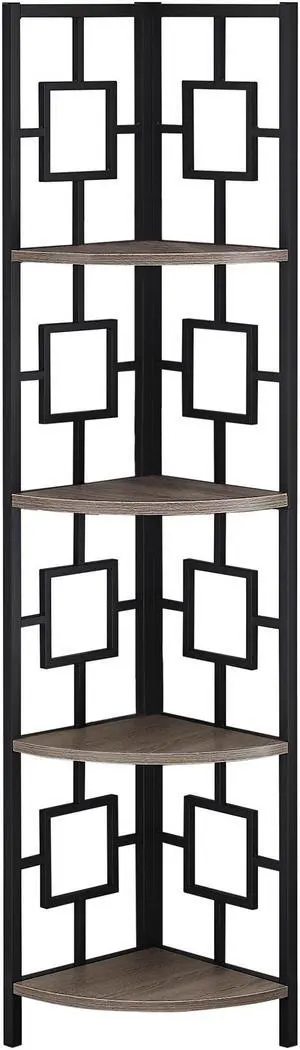 Monarch Specialties 62"H Corner Etagere Bookcase with Black Metal Frame - Dark Taupe