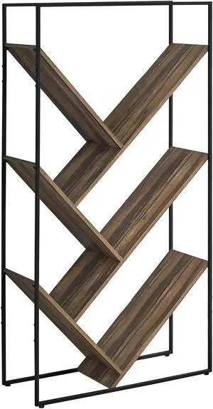 Monarch Specialties 60"H Brown Reclaimed Wood-Look V-Shaped Narrow Tall Bookshelf Etagere with 5 Open Shelves for Living Room or Office