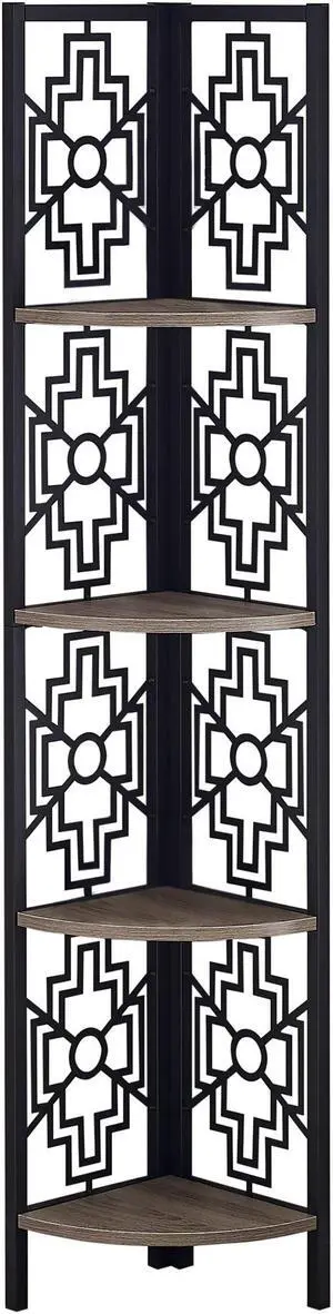 Monarch Specialties 62"H Geometric Design Corner Bookcase Etagere with 4 Tier Open Storage Shelves - Dark Taupe, Black