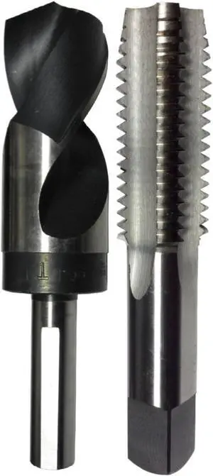 Drill America 1-1/2"-6 HSS Plug Tap and matching 1-11/32" HSS 1/2" Shank Drill Bit in plastic pouch.