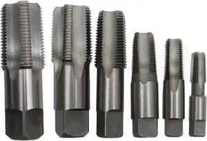 6 Piece High Speed Steel NPT Pipe Tap Set, 1/8", 1/4", 3/8", 1/2", 3/4" and 1" in Wooden Case, DWTHS1/8-1SET