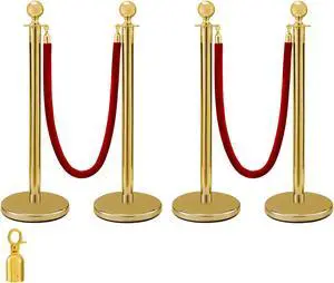VEVOR 4pcs Gold Stainless Steel Stanchion Posts Queue Red Velvet Ropes 38in Barriers