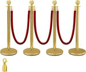 VEVOR Crowd Control Stanchion Gold 4x37.8" Pack 3 Ropes Ball Round Top Stable Steel