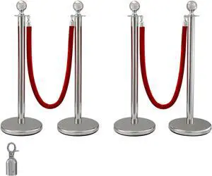 VEVOR 4pcs Red Velvet Rope Stanchion Silver Post Crowd Control Queue Barrier 2 Lines