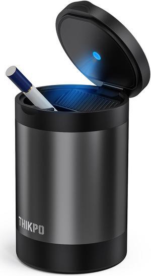 THIKPO Car Ashtray, Portable Ashtray for Car, Mini Car Trash Can, Detachable Stainless Steel Smokeless Ash Tray with Lid, LED Blue Light, Windproof for Outdoor Travel, Home Use