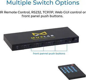 MuxLab 4x4 HDMI 2.0 Matrix Switch/Splitter with IR Remote | Supports 4K@60Hz, 4:4:4, HDR, 4 Input and 4 Output | Control with IR Remote, RS232, TCP/IP & Push Button