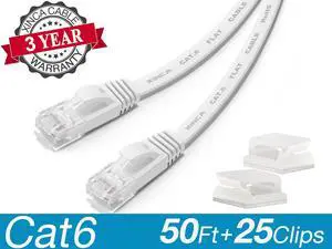 XINCA Cat6 Ethernet Cable extra long lnternet Network Gigabit Flat Cord Lan 50ft White With 25pcs Cable Clips Snagless Rj45 Connectors for Apply to PC Ps4 Router Office Computer More
