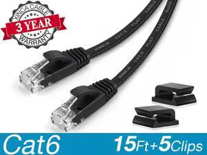 XINCA Cat6 Ethernet Cable Lnternet Network Gigabit Flat Patch Cord Lan 15ft Black With 5pcs Cable Clips Snagless Rj45 Connectors for Computer Modem Router X-Box Faster Than Cat5e Cat5