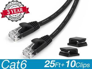 XINCA Cat6 Ethernet Cable Lnternet Network Gigabit Flat Patch Cord Lan 25ft Black With 10pcs Cable Clips Snagless Rj45 Connectors For Computer Modem Router X-Box Faster Than Cat5e Cat5