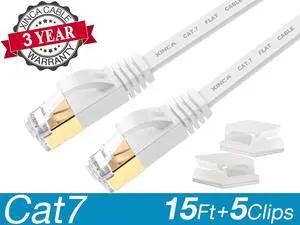 XINCA Cat7 Ethernet Cable lnternet Network Flat Patch Cord 15ft White With 5pcs Cable Clips  Rj45 Connectors10 Gbps 600MHz Connector for modems routers LAN Computers  Cable high Speed Distri