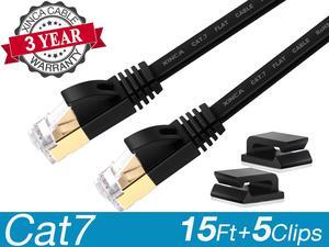 XINCA Cat7 Ethernet Cable lnternet Network Flat Patch Cord 15ft Black With 5pcs Cable Clips  Rj45 Connectors10 Gbps 600MHz Connector for modems routers LAN Computers  Cable high Speed Distri