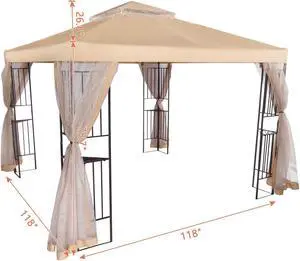10' x 10' Outdoor Po Gazebo Canopy Roof Steel Frame Mesh Canopy Beige