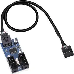 9 Pin 2 in 1 Internal USB Splitter Cable, 9 pin USB Header Male 1 to 2 Female Extension Connector Adapter, USB 2.0 HUB Connector Port Multiplier PWM Fan Splitter Cable (30cm/0.98ft)