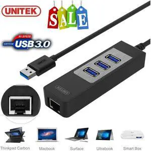 UNITEK 3-Port USB 3.0 Hub Gigabit Ethernet 1000Mbps RJ45 LAN Network Adapter PC