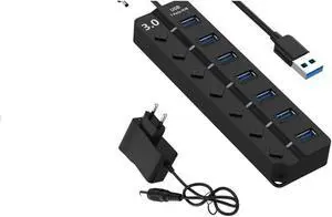 USB 3.0 High Speed Hub 7 Port USB 3.0 Hub Splitter On/Off Switch with US/EU Power Adapter for MacBook Laptop PC Accessories