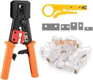 EZ RJ45 Crimper Tool Pass Through Cutter With 50pcs Connectors for RJ45/RJ12 6P 8P Multi-Function Cable Cat5 Cat5e Cat6 Crimping tool Network Wire Stripper 5 blades