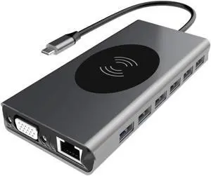 Furgle 15 in 1 USB C Hub Multiport Adapter-Hieha USB-C Docking Station w/4K HDMI VGA Ethernet Wireless Charging 100W PD 3 USB 3.0 SD/TF Card Reader Compatible for MacBook Pro and More Type C Laptops
