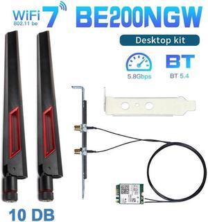 New Wi-Fi 7 Intel BE200 Bluetooth 5.4 Wifi Card BE200NGW 2.4/ 5/ 6 GHz 5.8 Gbps For Windows 11 PC Laptop 2 External Antennas