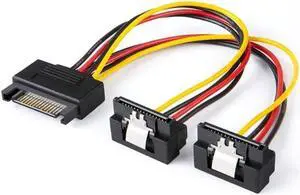 SATA Power Cable 6-Inch SATA 15 Pin Male to 2xSATA 15 Pin Down Angle Female Power Splitter Cable HDD Hard Drive Cable