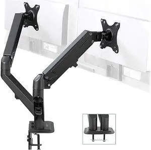 Black Articulating Dual Pneumatic Spring Arm Clampon Desk Mount Stand Fits 2 Monitor Screens 17 to 27 inches with Max VESA 100x100 STANDV102O