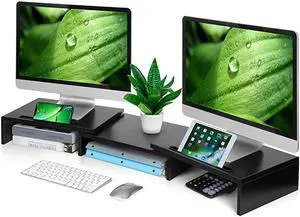 Dual Monitor Stand Riser 3 Shelf Screen Stand with Adjustable Length and Angle 2 Extra Functional Slot Desktop Organizer Stand for PC Computer Laptop Black