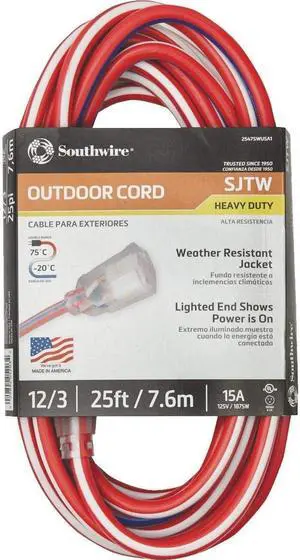 Southwire 2547SWUSA1 25-Feet; Contractor Grade; 12/3; Lighted End Red White and Blue; American Made Extension Cord; Indoor and Outdoor Use; Water Resistant Flexible Jacket; Foot; Ft