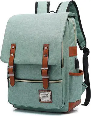 Vintage Laptop Backpack with USB Charging Port Water Resistant Travelling Backpacks College Bag for Men Women Fits up to 15.6Inch Laptop in Green