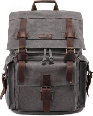 Kattee Men's Leather Canvas Backpack Large Bag Travel Rucksack Black