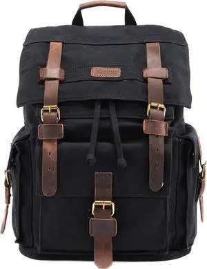 Kattee Mens Leather Canvas Backpack Large School Bag Travel Rucksack Black