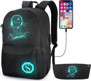 School Backpack for Teen Boys, Skateboard Anime Luminous Backpack with USB Charging Port, Anti Theft Lock and Pencil Case, College School Bookbag Lightweight Laptop Bag, Black