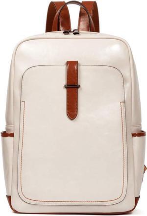 BROMEN Leather Laptop Backpack for Women 15.6 inch Computer Backpack College Travel Daypack Bag Beige