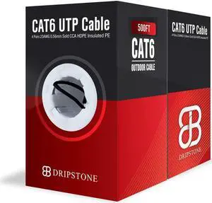 Dripstone - DS612 500ft CAT6 Outdoor Direct Burial Solid Cable 23AWG Waterproof Wire HDPE Insulated Polyethylene (PE) for Indoor/Outdoor Easy Pull Box Black