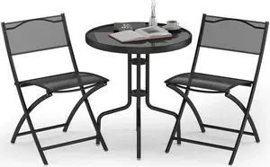 Giantex 3 Pcs Bistro Set Garden Backyard Round Table Folding Chairs, with Rust-Proof Steel Frames & Reinforced Glass Design Outdoor Patio Furniture, Black